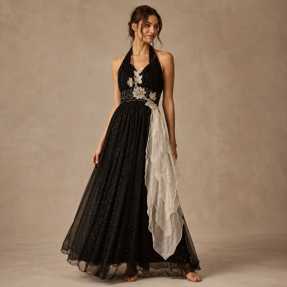 Vintage Mike Benet XXS Black Glitter Chiffon Halter Gown Floral Formal